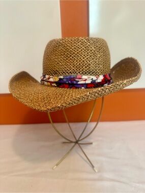 Boho Straw Cowboy Hat with Colorful Floral Band - Made in USA (Size Medium)